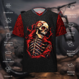 Unisex UPF50+ Red & Black Torn Flesh Skull V-Neck MTB Jersey