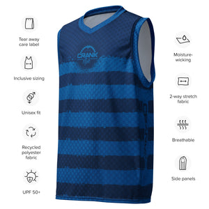 Gear up for your summer mountain biking adventures with Crank Style's Unisex Sleeveless UPF50+ MTB Jersey, featuring a stylish blue stripe check design. This jersey enhances your performance while keeping you cool and dry. Crafted from 100% recycled polyester fabric, this eco-friendly jersey is perfect for those who demand both style and functionality. Whether you're hitting the trails or turning heads on the street, this jersey has you covered.