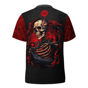 Unisex UPF50+ Red & Black Torn Flesh Skull V-Neck MTB Jersey