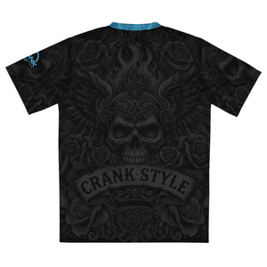 Crank Style, MTB jersey, tattoo style, mountain biking jersey, recycled polyester, moisture-wicking, UPF50+, V-neck collar, unisex activewear, outdoor enthusiasts, hiking gear, running shirt, gym wear, breathable fabric, eco-friendly sportswear, fiery skull design, wings and roses, trail riding, cycling apparel. Fox Racing, Troy Lee