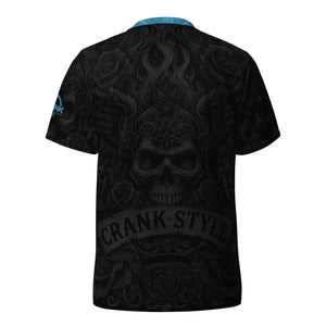 Crank Style, MTB jersey, tattoo style, mountain biking jersey, recycled polyester, moisture-wicking, UPF50+, V-neck collar, unisex activewear, outdoor enthusiasts, hiking gear, running shirt, gym wear, breathable fabric, eco-friendly sportswear, fiery skull design, wings and roses, trail riding, cycling apparel.