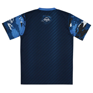 Crank Style, MTB jersey, blue carbon camo, recycled polyester, moisture-wicking, UPF50+, V-neck collar, unisex activewear, outdoor enthusiasts, hiking gear, running shirt, gym wear, breathable fabric, eco-friendly sportswear, mountain biking jersey.