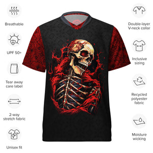 Unisex UPF50+ Red & Black Torn Flesh Skull V-Neck MTB Jersey