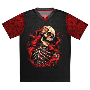 Unisex UPF50+ Red & Black Torn Flesh Skull V-Neck MTB Jersey