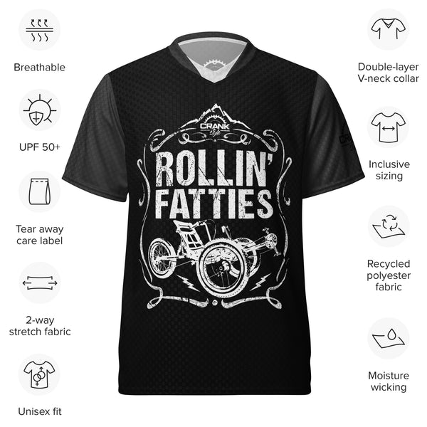 Unisex Black & Grey Rollin Fatties V-Neck MTB Jersey