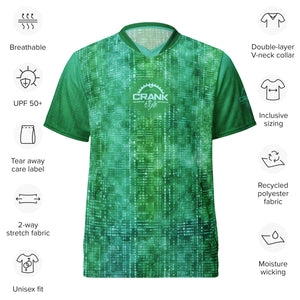 Introducing the Unisex Green Matrix Dot UPF50+ V-Neck MTB Jersey. Made from 100% recycled polyester, this lightweight and breathable jersey keeps you cool and dry. Its two-way stretch fabric offers unrestricted movement, and UPF50+ protection shields you from UV rays. Designed for style and performance, it features a double-layered v-neck collar. Note: Runs small, order one size up. Elevate your ride with the Green Matrix Dot MTB Jersey. Shop now at CrankStyle.com!