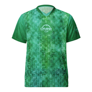 Introducing the Unisex Green Matrix Dot UPF50+ V-Neck MTB Jersey. Made from 100% recycled polyester, this lightweight and breathable jersey keeps you cool and dry. Its two-way stretch fabric offers unrestricted movement, and UPF50+ protection shields you from UV rays. Designed for style and performance, it features a double-layered v-neck collar. Note: Runs small, order one size up. Elevate your ride with the Green Matrix Dot MTB Jersey. Shop now at CrankStyle.com!