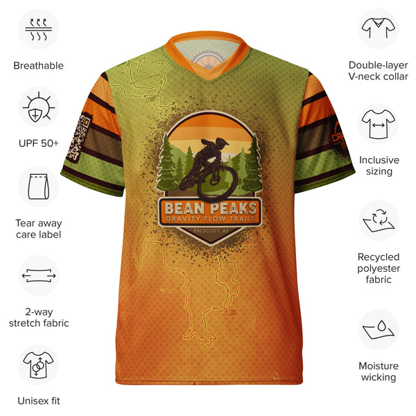 Unisex Bean Peaks PMBA FUNDRAISER &nbsp;V-Neck MTB UPF50+ Jersey  Support the Bean Peaks Gravity Flow Trails in Prescott, AZ, with the Crank Style Bean Peaks Fundraiser PMBA V-Neck MTB Jersey. All proceeds go to PMBA for the Bean Peaks phase two development. This jersey is designed for both men and women and is perfect for mountain biking, hiking, running, and other outdoor activities.