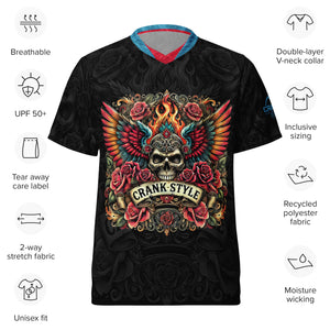 Crank Style, MTB jersey, tattoo style, mountain biking jersey, recycled polyester, moisture-wicking, UPF50+, V-neck collar, unisex activewear, outdoor enthusiasts, hiking gear, running shirt, gym wear, breathable fabric, eco-friendly sportswear, fiery skull design, wings and roses, trail riding, cycling apparel.