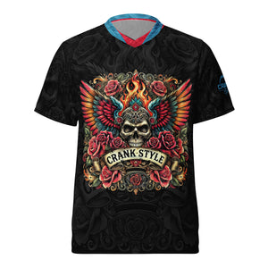 Crank Style, MTB jersey, tattoo style, mountain biking jersey, recycled polyester, moisture-wicking, UPF50+, V-neck collar, unisex activewear, outdoor enthusiasts, hiking gear, running shirt, gym wear, breathable fabric, eco-friendly sportswear, fiery skull design, wings and roses, trail riding, cycling apparel. Fox Racing, Troy Lee