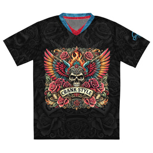 Crank Style, MTB jersey, tattoo style, mountain biking jersey, recycled polyester, moisture-wicking, UPF50+, V-neck collar, unisex activewear, outdoor enthusiasts, hiking gear, running shirt, gym wear, breathable fabric, eco-friendly sportswear, fiery skull design, wings and roses, trail riding, cycling apparel.