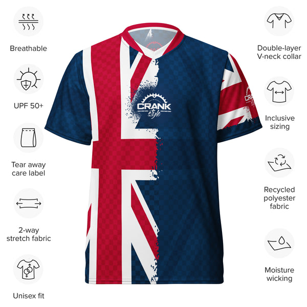 UK Union Jack MTB Jersey – UPF50+ Performance & Style

Ride with pride in the UK Union Jack MTB Jersey from CrankStyle.com. Made from 100% recycled polyester, this lightweight, breathable jersey offers UPF50+ protection, moisture-wicking technology, and a premium V-neck design. Perfect for mountain bikers across the UK, from Snowdonia to the South Downs. Shop now and hit the trails in style!