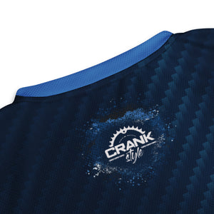 Crank Style, MTB jersey, blue carbon camo, recycled polyester, moisture-wicking, UPF50+, V-neck collar, unisex activewear, outdoor enthusiasts, hiking gear, running shirt, gym wear, breathable fabric, eco-friendly sportswear, mountain biking jersey.